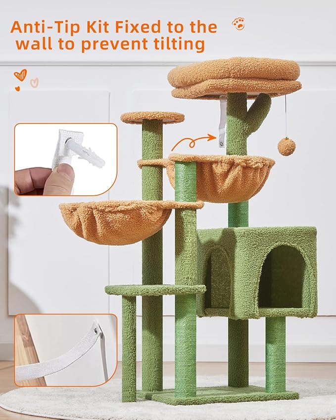 Taoqimiao Cat Tree, 39.4-Inch Cat Tower for Indoor Cats,Suitable for Kittens,Plush Cat Condo with 5 Scratching Posts, Plush Perch,2 Hammock,Pompoms, MS019T Cactus