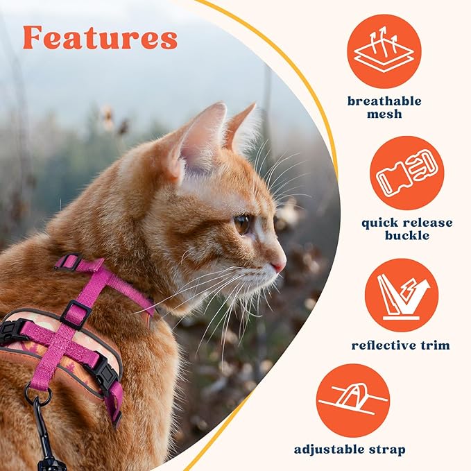 Cat Harness and Leash Set for Walking, Escape Proof Vest Harnesses for Cats, Breathable Mesh with Reflective Strips - (Sienna Mountains), XX-Small