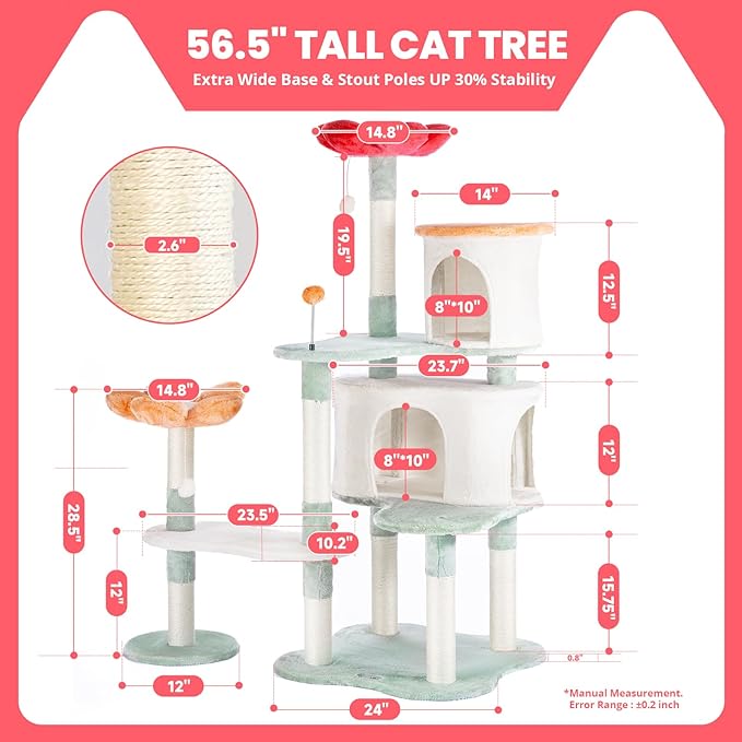 HYABi 56.3in Flower Garden Cat Tree, Cat Tower with Cozy Condo & Scratching Post, Cat Tree Tower with Jumping Platform for Indoor Cats Large Adult
