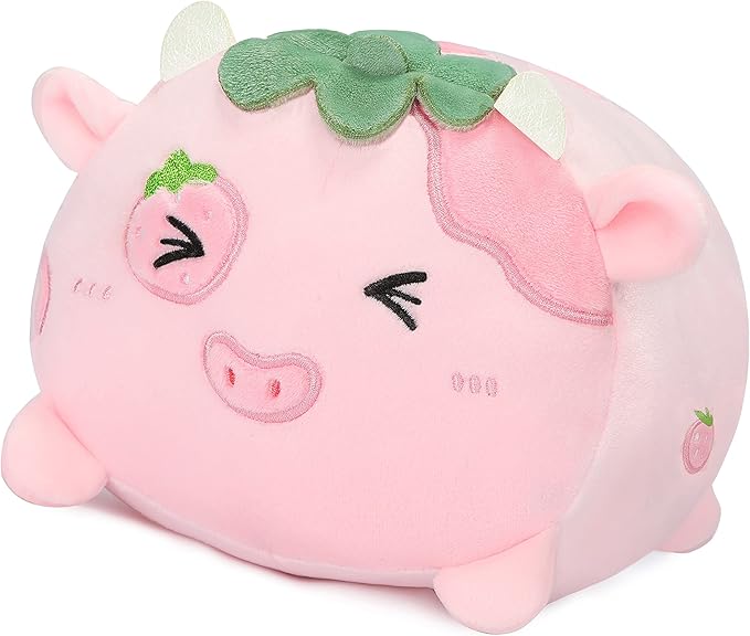 AIXINI Cute Strawberry Cow Plush Pillow 8” Cow Stuffed Animal, Soft Kawaii Plushies Hugging Plush Pillow Toy Gifts
