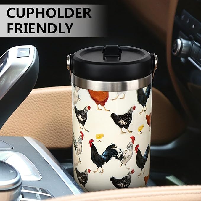 30oz Chicken Tumbler with Handle and Straw, Stainless Steel Vacuum Insulated Flip Straw 30 oz Coffee Rooster Tumbler, Spill Proof Travel Mug, Chicken Decor Gifts for Women