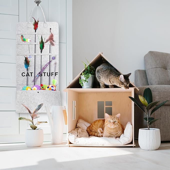 2 Pack Cat Toy Storage, Hanging Cat Teaser Wand Holder for Neatly Organization, Durable Feather Pet Toy Organizer Bag with Handle for Indoor Cat, Pet Supplies, Feline Safety