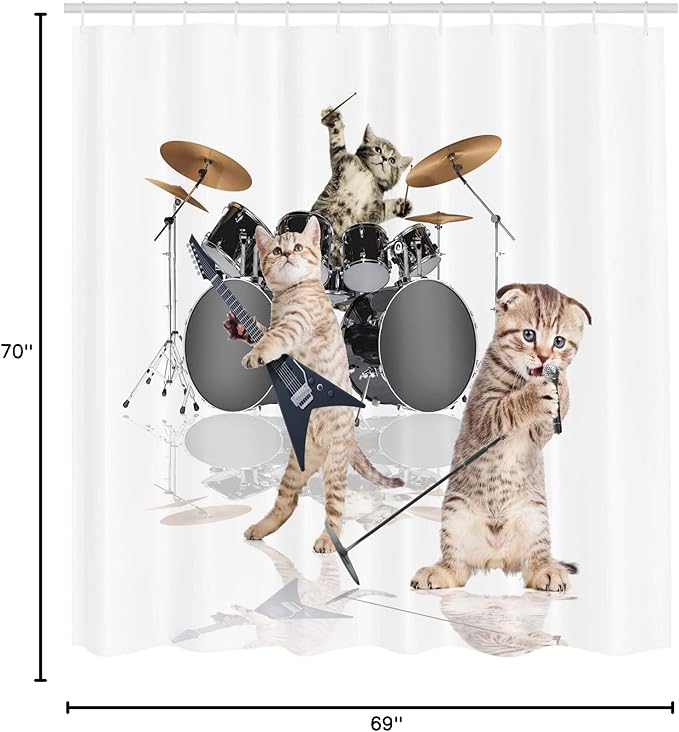 Ambesonne Animal Shower Curtain, Cool Hard Rocker Band of Kittens Singer Guitarist Cats Art Print, Cloth Fabric Bathroom Decor Set with Hooks, 69" W x 70" L, White Charcoal Grey Multicolor