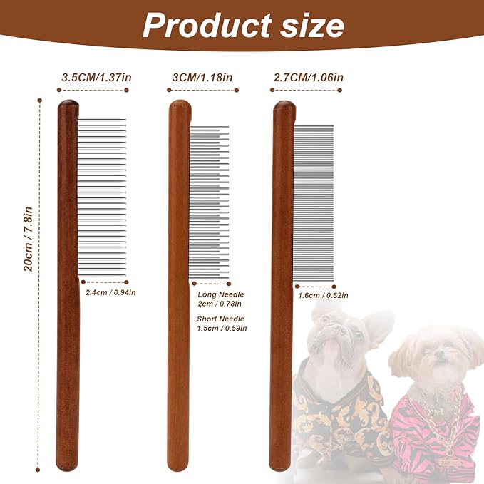 3pcs Grooming Comb for Pets, Solid Wooden Cat Combs with Wide & Narrow Rounded-Tip Teeth Pet Hair Comb Metal Flea Lice Tick Comb for Cats Dogs Rabbits Tangled Hair (3 Sizes）