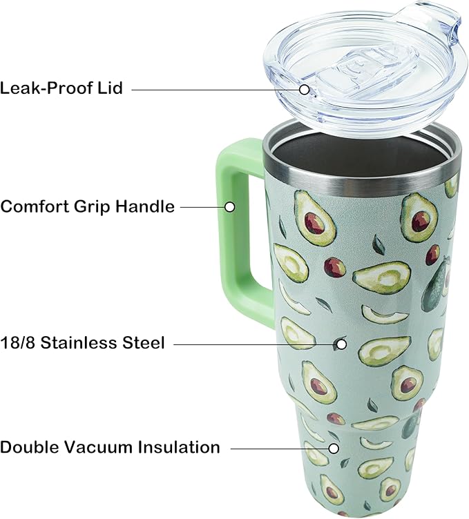 40 oz Tumbler with Handle and Straw, Stainless Steel Insulated Cup with Leak Proof Lid and Straw Lid, Keep Drinks Cold and Hot for Hours(Avocado)