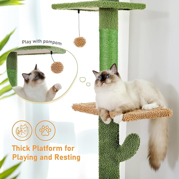 PAWZ Road Cat Tree, Cactus Floor to Ceiling Cat Tower with Adjustable Height(95-108 Inches), 5 Level Cat Climbing Tower with Cozy Hammock, Platforms and Dangling Balls for Indoor Cats