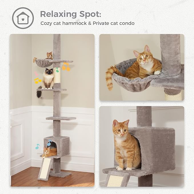 PETEPELA Floor to Ceiling Cat Tree, Cat Tower 5 Tiers Tall (83-108 Inches) Adjustable Height, Cat Climbing Tree Featuring with Cat Condo, Cat Scratching Post and Cat Perches for Indoor Cats, Grey