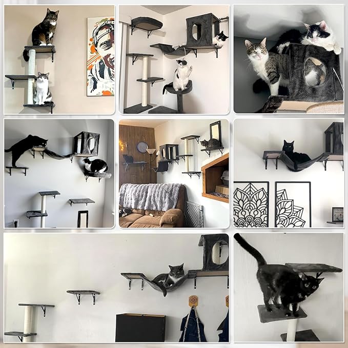 Wall Mounted Cat Furniture, 6pc Cat Wall Furniture, Cat Climber with Cat House, Bridge, Tree, Steps, and Scratcher, DIY Cat Walls Playground, Cat Shelves for Indoor Wall Furniture Set - Black