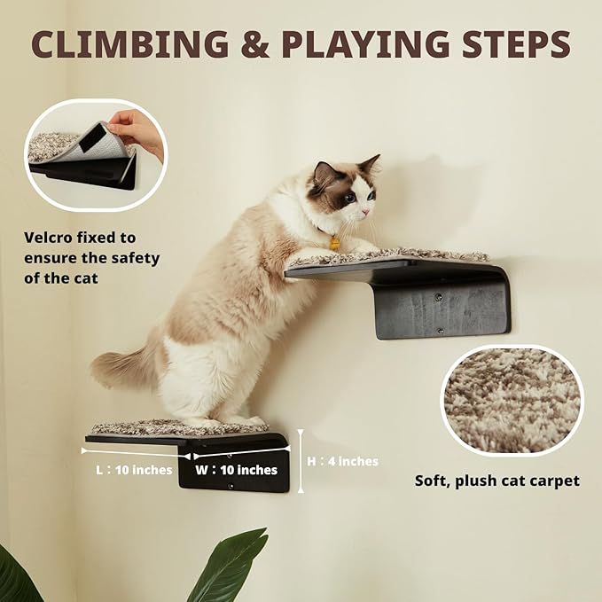 2 Set Cat Wall Steps - Wooden Cat Climbing Shelf for Wall - Cat Wall Stairs with Scratching Mat - Wall Mounted Cat Furniture for Jumping, Playing, and Lounging, Walnut