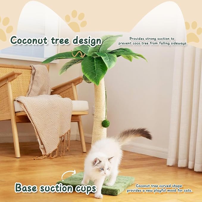 37 Inches Cat Scratching Post, Large Cat Scratching Post, Sisal Scratcher with 3 Hanging Pompoms for Indoor Cats (Short Square Base)