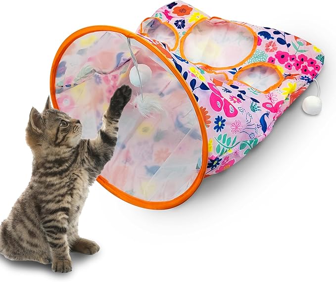 Andiker Cat Tunnel Bags for Indoor Cats, 13x17x12In Foldable Cat Crinkle Bag with 3 White Plush Balls and 1 Mouse 5 Holes for Kitten to Hide and Catch 3 Layers Cat Toy (Zoo)