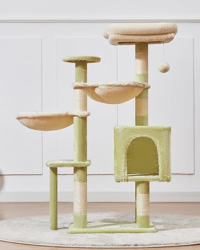 Taoqimiao Cat Tree, 39.4-Inch Cat Tower for Indoor Cats,Suitable for Kittens,Plush Cat Condo with 5 Scratching Posts, Plush Perch,2 Hammock,Pompoms, MS019GB Green and Beige