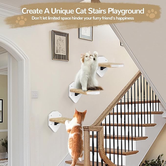 3-Pcs Cat Shelves Wall Mounted, Cat Wall Shelves Climbing Steps, Cat Shelves and Perches for Wall, Cat Wall Furniture with Sisal Rope, Cat Climbing Shelves Cat Wall Steps for Indoor Kitty, Cats(White)