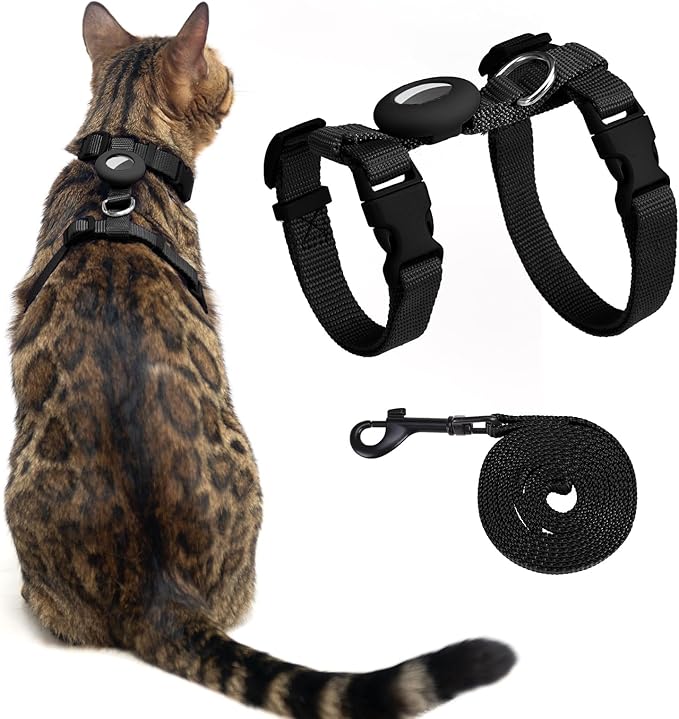 Cat Harness and Leash Set Escape Proof for Walking, Adjustable Cute Kitten Harness Leash with Airtag Holder for Small Large Cats, Lightweight Soft Walking Travel Harness (Black)