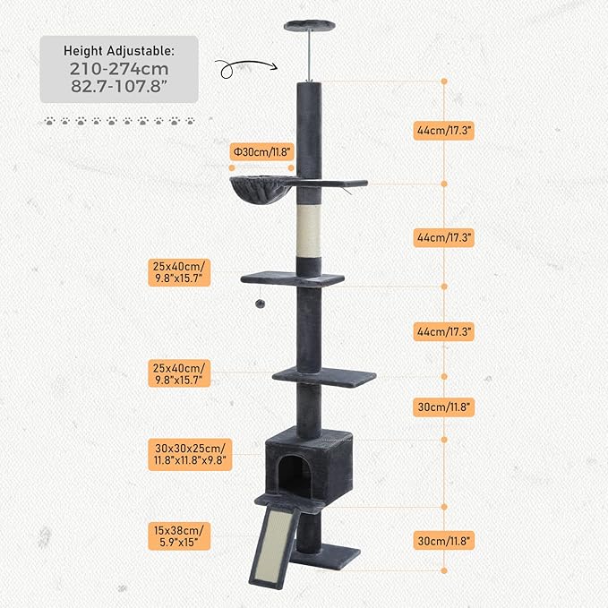 PETEPELA Floor to Ceiling Cat Tree, Cat Tower 5 Tiers Tall (83-108 Inches) Adjustable Height, Cat Climbing Tree Featuring with Cat Condo, Cat Scratching Post and Cat Perches for Indoor Cats, Daek Grey