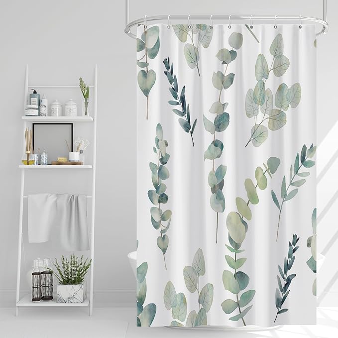 AWERT Shower Curtain Green Plants for Bathroom Waterproof Quick-Drying Eucalyptus Leaves Shower Curtain Set with Hooks 48x72 Inch