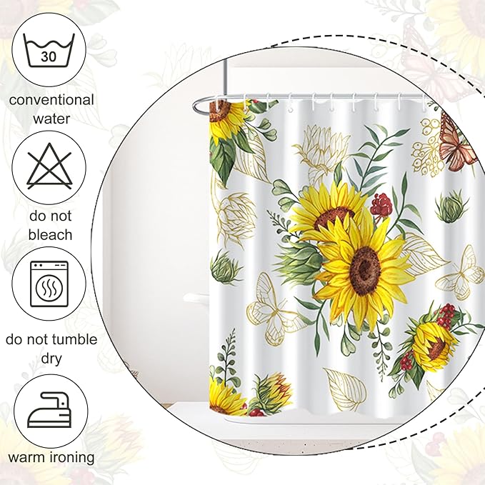 AWERT Vibrant Sunflower Shower Curtain for Bathroom,Waterproof Fabric Plants Shower Curtain with Hooks 72x78 inch