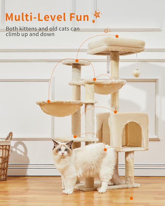 Taoqimiao Gothic Cat Tree, 39.4-Inch Cat Tower for Indoor Cats,Suitable for Kittens,Plush Cat Condo with 5 Scratching Posts, Plush Perch,2 Hammock,Pompoms, MS019M Beige