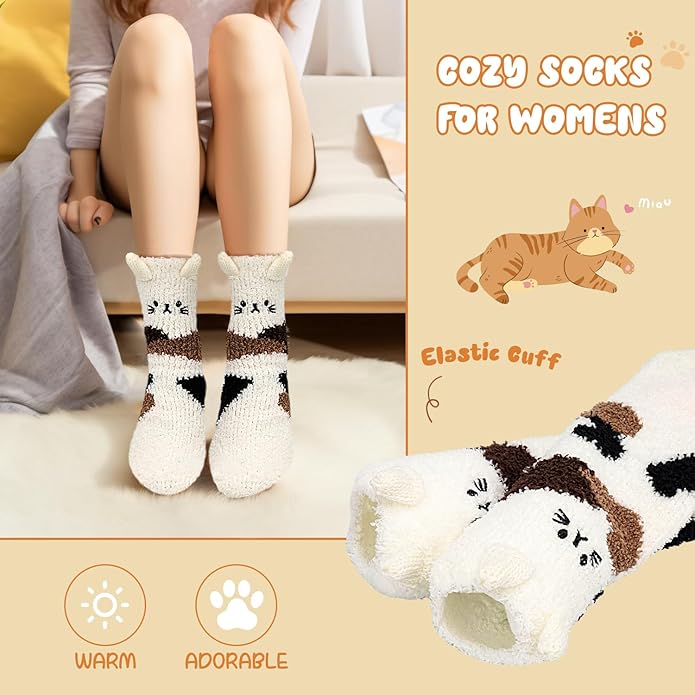 3-6 Pairs Womens Fuzzy Socks Cozy Fluffy Slipper Socks Cute Soft Cat Animal Winter Warm Sleep Socks Gifts