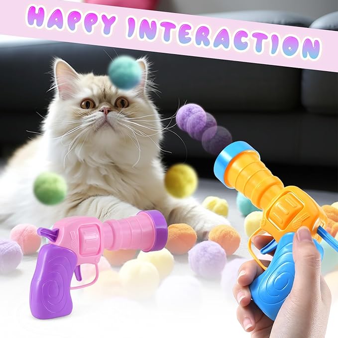 102Pcs Cat Ball Toy Launcher Gun，Cat Balls Fetch Toy - Includes 100 Colorful Plush Cat Balls and 2 Exciting Launchers Set，for Bored Indoor Adult Cats, Cute Kitten Kitty Toys