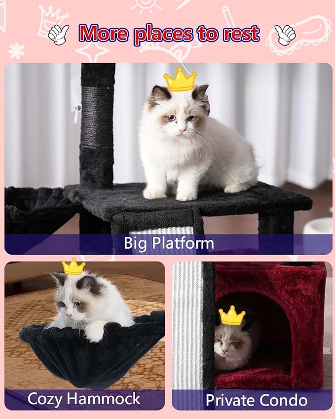 Gothic Cat Tree, Halloween Cat Tower with condo, Basket, Large Bed, Platform, Scratch Board, Cat Scratching Posts for Indoor Cats, Black and Red GCT002SBR