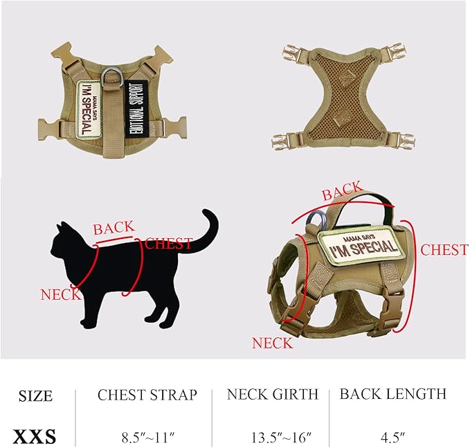 Tactical Cat Harness for Walking Escape Proof, Soft Mesh Adjustable Pet Vest Harness for Large Cat,Small Dog (Medium, Khaki)