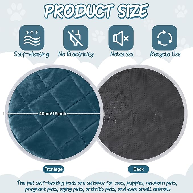 2 Pcs Cat Heating Pad Round 16 Inch Self Heating Cat Mat Washable Heated Cat Bed Anti Slip Cat Warming Pad Pet Bed Mat for Kennel Dog Crate Indoor Outdoor(Blue,16 Inch)