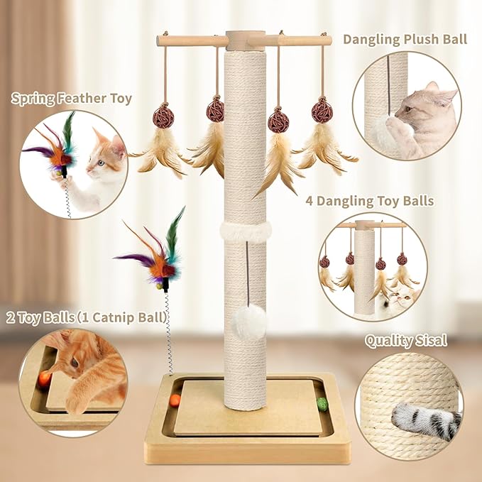 Cat Scratching Post, Sisal Scratching Posts for Indoor Cats Adults with Hanging Ball and Interactive Toys, 2 Mounting Methods Cat Scratcher for Kitten Cats, 25 inches
