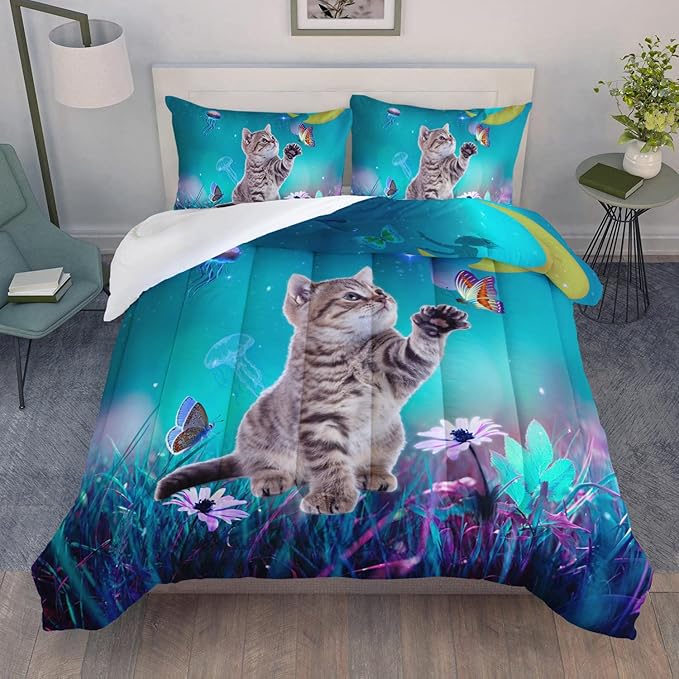 AILONEN Cat Bedding Set Full Size with Girl Sitting on The Moon and Jellyfish Comforter Set for Kids Boys Girls,Dreamy Starry Soft Breathable Duvet Set 3 Pieces, 1 Quilt and 2 Pillowcases