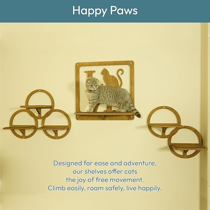 Cat Wall Shelves and Perches 3 PCS Beechwood - Mounted Cat Wall Furniture for Indoor Cats for Climbing Playing and Lounging - 5 Cat Wall Steps with Cat Shelves and a Cat Wall Bed