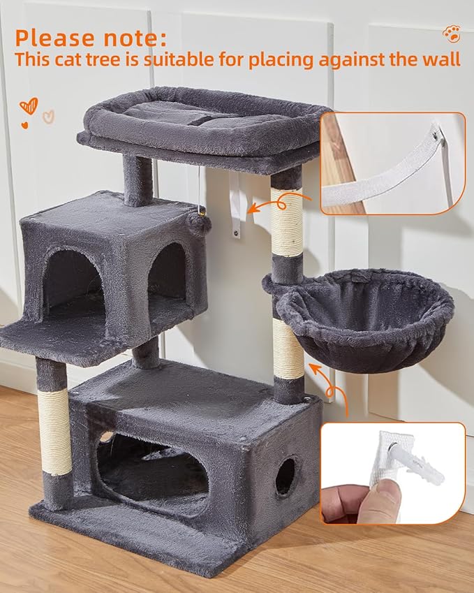 Taoqimiao Cat Tree,37.8-Inch Cat Tower for Indoor Cats,2 Luxurious cat condo with Adjustable Large Hanging Baskets and Large Luxurious Perch Smoky Gray MS029G