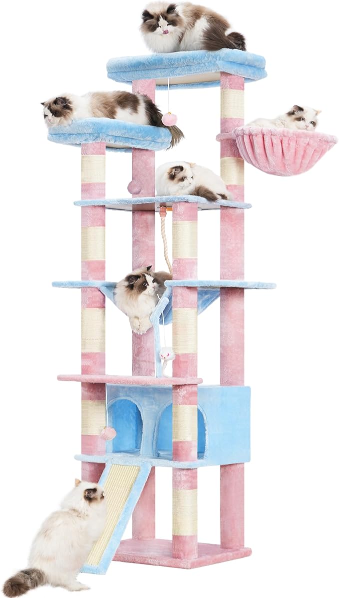 Heybly Tall Cat Tree,78 inch Multi-Level Cat Tower for Indoor Cats,2 Widened Plush Perches Cat Condo with Scratching Board and Big Caves,Blue and Pink HCT033BP