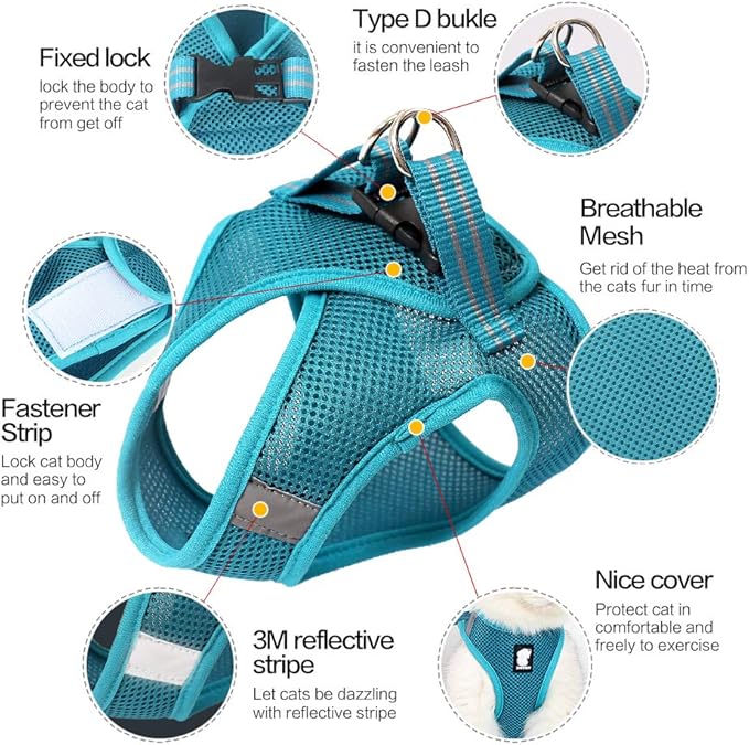 Heywean Cat Harness and Leash - Ultra Light Escape Proof Kitten Collar Cat Walking Jacket with Running Cushioning Soft and Comfortable Suitable for Puppies Rabbits (S, Turquoise)