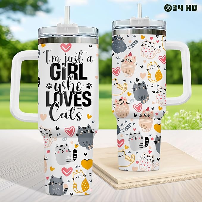 34HD Just A Girl Who Loves Cats Tumbler with Handle and Straw, 40oz Stainless Steel Vacuum Insulated Coffee Mug with Cats, Cat Mom Gifts for Women Birthday Mothers Day Christmas