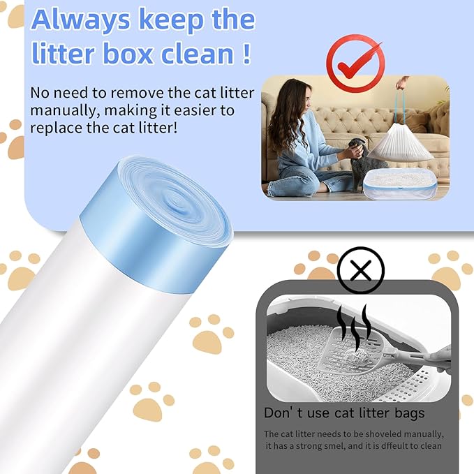 60 Count Small Cat Litter Box Liners, Heavy Duty Cat Litter Bags, Extra Thick Litter Pan Liners with Drawstring for Pet Cat Litter Tray (Blue, 26.4" x 15.8")