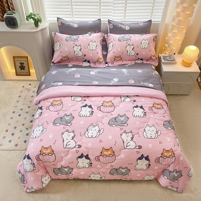7 Piece Girls Cat Comforter Set Full Size Bed in A Bag Pink Cute Cartoon Pet Cats Bedding Set for Kids Boys Teens (1 Comforter, 1 Flat Sheet, 1 Fitted Sheet, 4 Pillow Sham) Gray