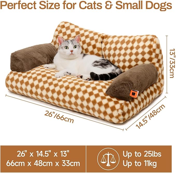 MEWOOFUN Cat Couch Bed for Indoor Cats, Washable Small Dog Beds for Medium Small Dogs & Cats up to 25 lbs, Fluffy Pet Beds with Non-Slip Bottom, 26×19×13 Inch (Brown)