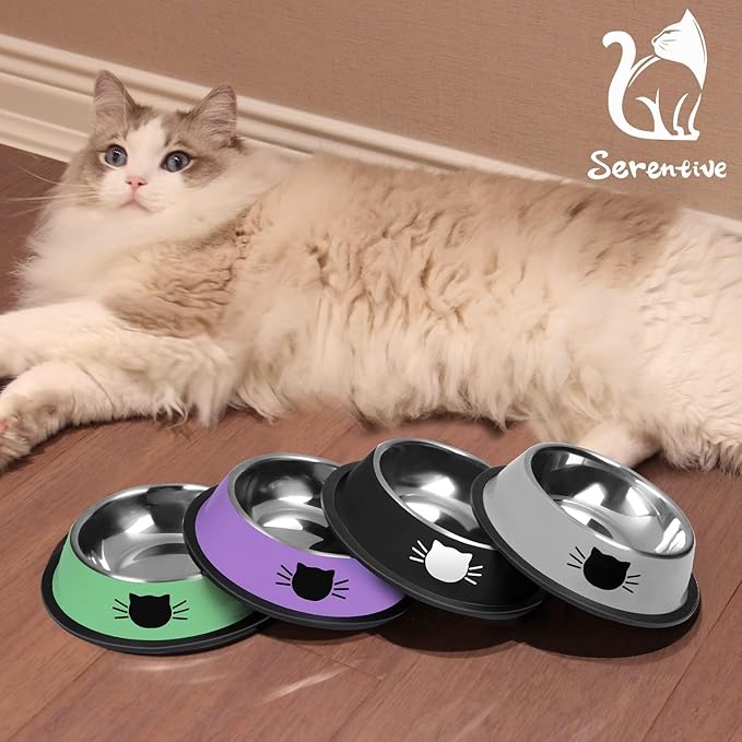 2 Pcs Non-Slip Stainless Steel Small Food Bowls - Unbreakable, Thicken Cat Feeder, 7 Oz Dishes - Suitable for Indoor Small Pets - Removable Rubber Base, Easily Clean, Lovely Color