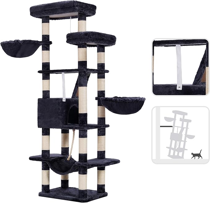 Heybly Cat Tree, 68 inch Multi-Level Cat Tower for Indoor Cats, 2 Widened Plush Perches Cat Condo with Scratching Board and Big Caves, Smoky Gray HCT025G