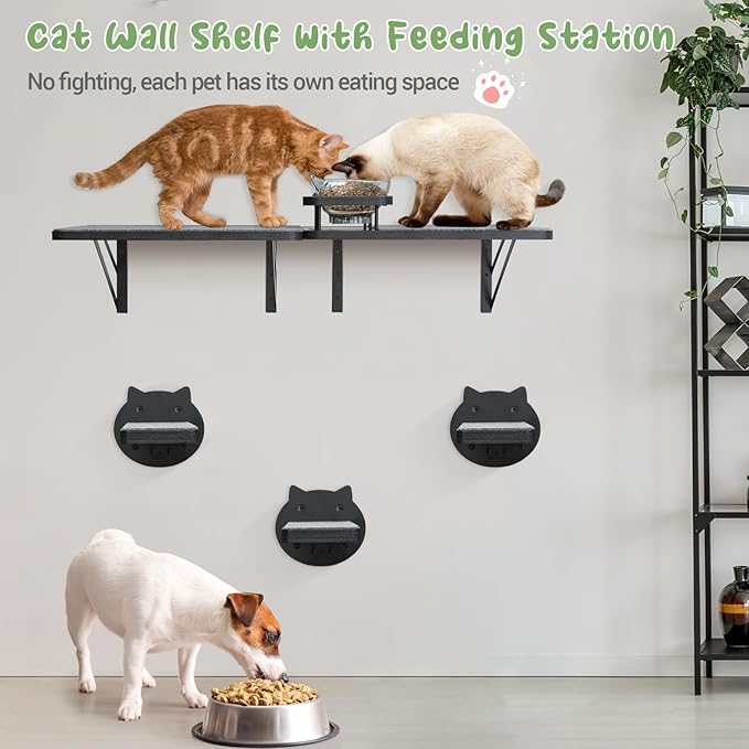 Cat Wall Shelves Set of 2, Cat Shelves and Perches for Wall, Cat Shelves Wall Mount for Large Cat, Cat Wall Furniture with 3 Cat Wall Steps, Cat Climbing Shelf, Cat Wall Shelf with 2 Cat Food Shelf