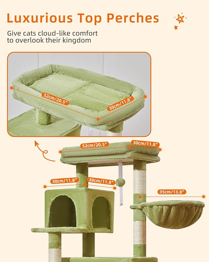 Taoqimiao Cat Tree,48.8-Inch Cat Tower for Indoor Cats,2 Luxurious cat condo with Adjustable Large Hanging Baskets and Large Luxurious Perch Green MS029LGR