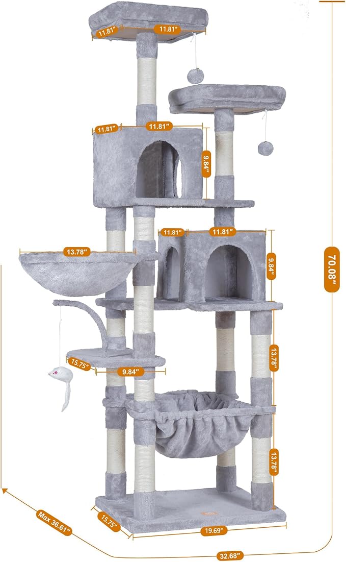 Heybly Cat Tree, 70 inches Tall Cat Tower condo with Toy for Indoor Large Cats, Cat House Furniture with Padded Plush Perch, Cozy Hammock and Sisal Scratching Posts,Light Gray HCT032W