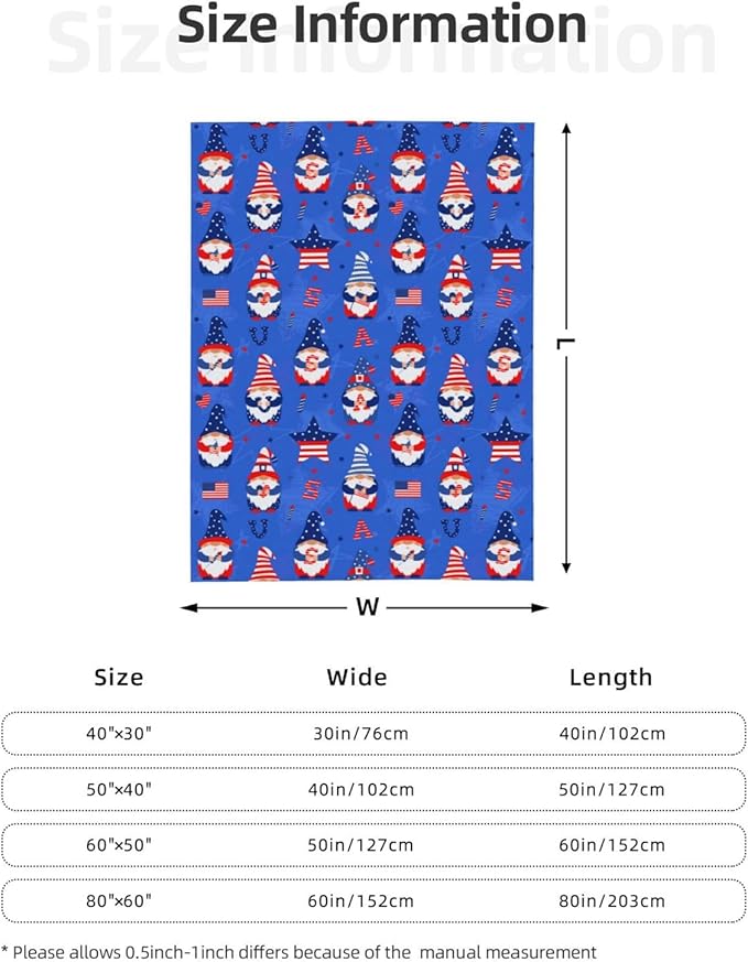 American Gnome Patriotic Blanket Throw 80"x60", Plush Flannel 4th of July Memorial Day Blanket, Soft Warm Decorative for Kids Women Adults