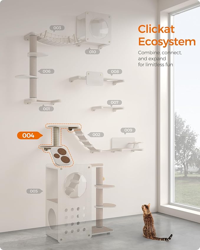 Feandrea Clickat Collection - No.004 Cat Stairs, Wall-Mounted Cat Ladder with Shelves, Self Groomer, Extremely Quick Assembly, Unlimited Expandability, Replaceable Washable Felt Pads