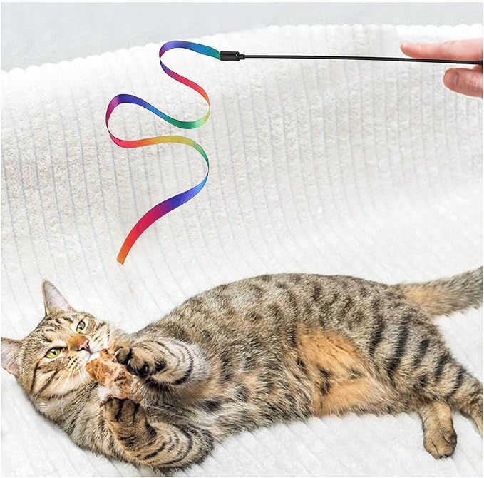 Andiker Cat Wand Teaser Toys，2Pcs Plastic Rainbow Cat Interactive Toys for Indoor Cats Colorful Ribbon&Leopard Print Cat Fishing Pole Toys Training Exerciser for Cat Gifts and Kitten Lovers (2pcs)