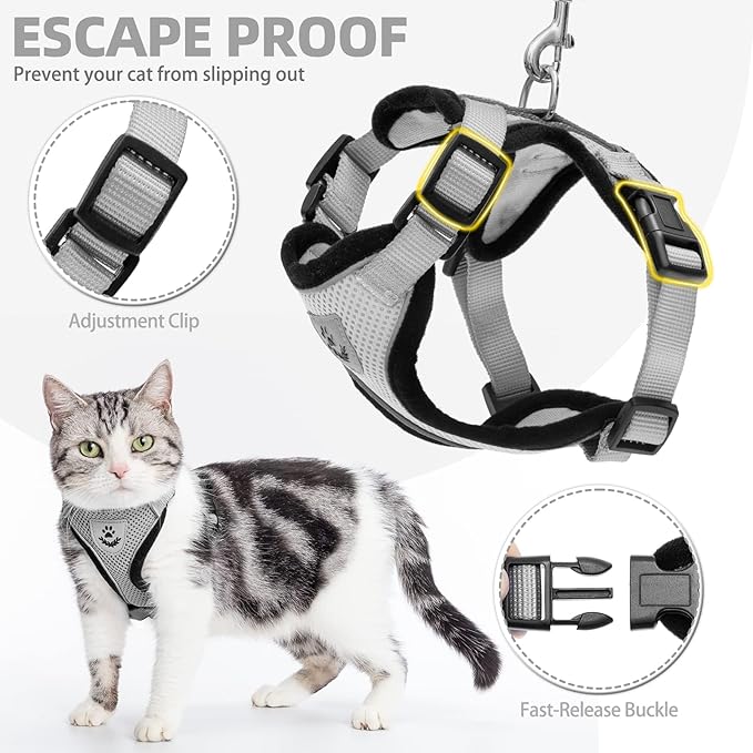 PUPTECK Cat Harness and Leash Set Escape Proof Reflective Cat Walking Harness Adjustable Soft Breathable Mesh Vest for Small Pets, Grey, M