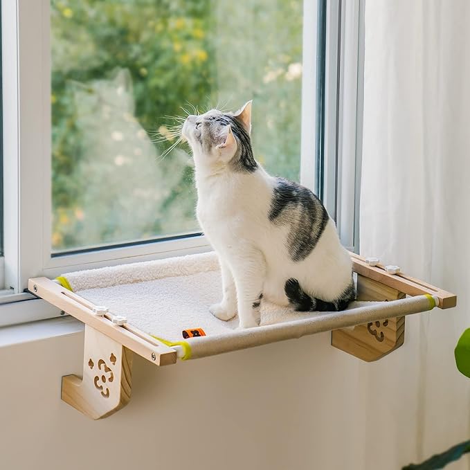 MEWOOFUN Sturdy Cat Window Perch Hammock Bed with Wood & Metal Frame for Cats Easy to Assemble for Windowsill, Bedside, Drawer and Cabinet More (Beige, M-22"x 14.5"x 6.7")