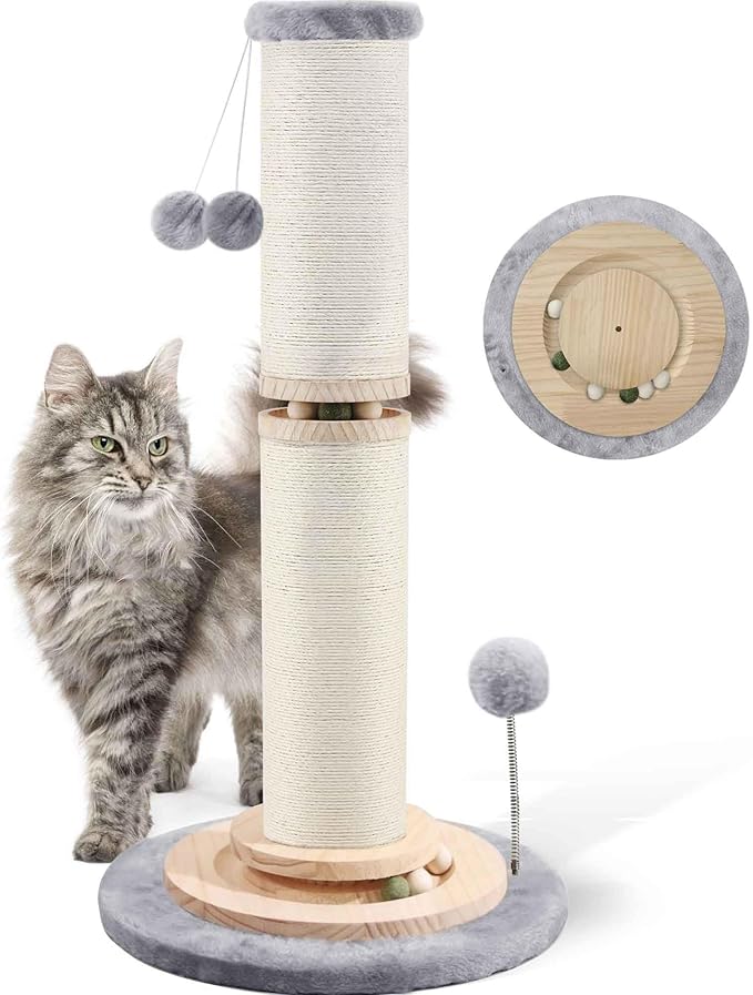 OTOB 33" Tall Cat Scratching Post, 4.3Inch Large Diameter Natural Sisal Rope Scratcher Post, 5-in-1 Interactive Turntable Cat Scratch Post with Soft Hanging Ball Toys for Indoor Large Cats