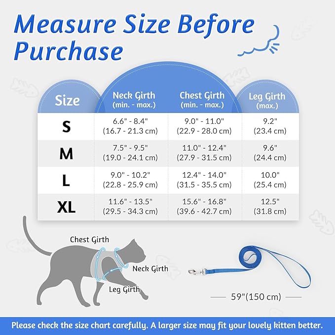 rabbitgoo Cat Harness and Leash Set for Walking Escape Proof, Adjustable Soft Kittens Vest with Reflective Strip for Cats, Comfortable Outdoor Vest, Blue, XL