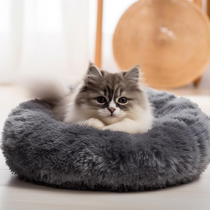 ShellKingdom Cat Beds for Indoor Cats, 24 inch Large Dog Bed for Small Medium Large Dogs, Cute Round Fluffy Plush Pet Bed for Puppy Kitten, Self Warming Calming Soft Donut Cat Bed, Grey